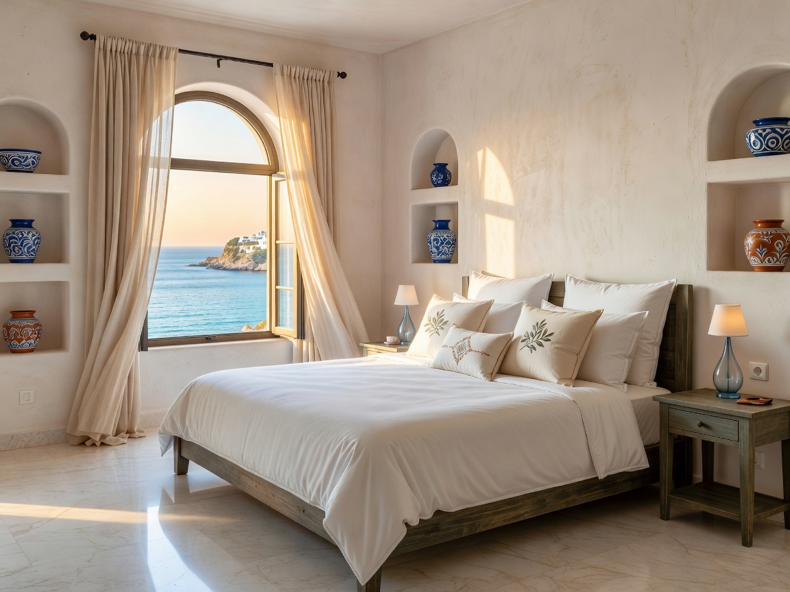 Calm luxury suite with bed and Mediterranean-inspired details