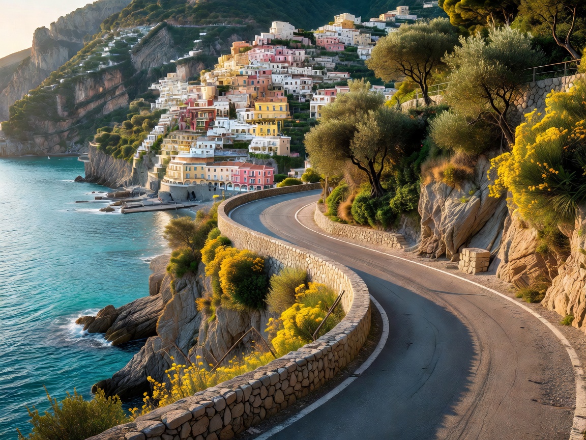 Coastal road approaching a scenic Amalfi village