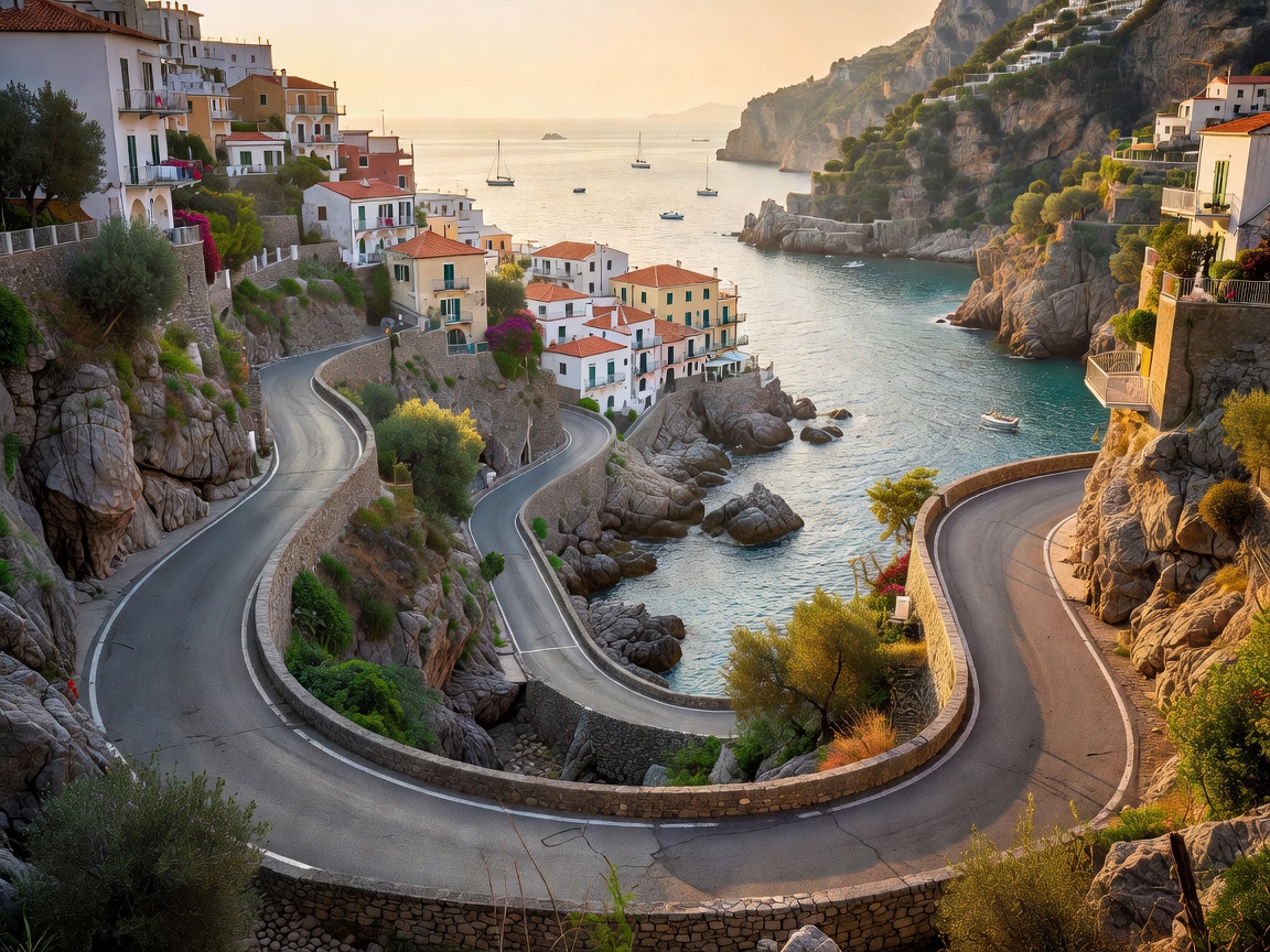 Coastal road winding toward an Amalfi village