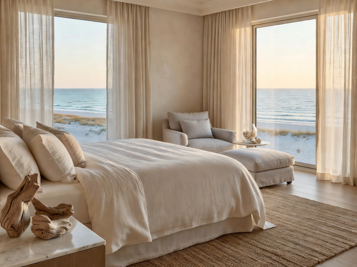 Elegant luxury suite with soft linen and coastal accents