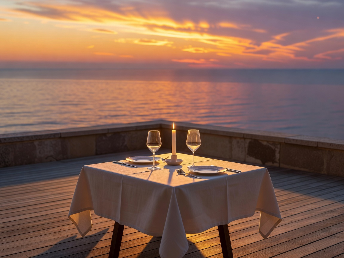 Rooftop dining table overlooking the sea at sunset