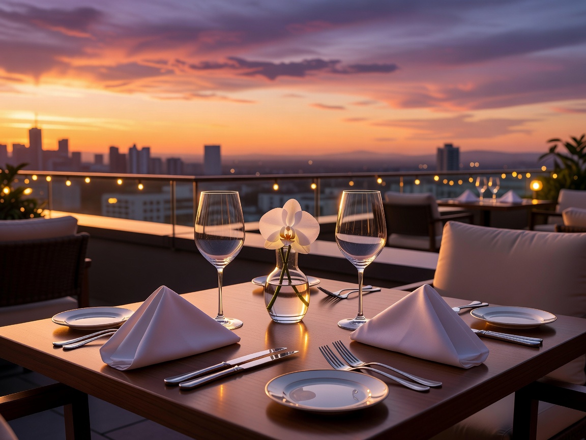 Rooftop restaurant table prepared for sunset dining